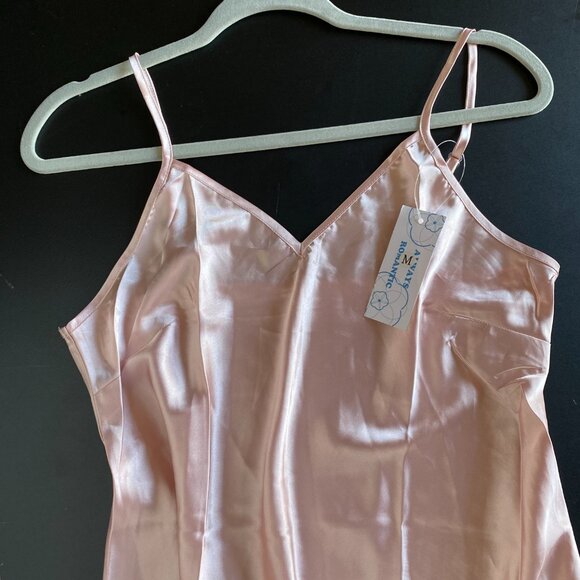 Vtg *NWT Romantic Satin Slip Maxi Dress Split Light Pink Spaghetti Strap Size M - Picture 3 of 7